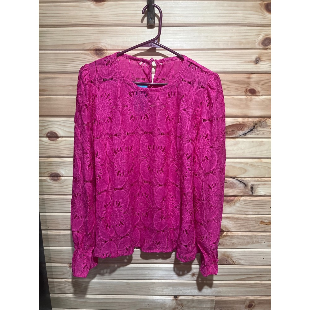 Cupshe Hot Pink Floral Eyelet Lace Long Sleeve Blouse Keyhole Back CAA04D2F027 M